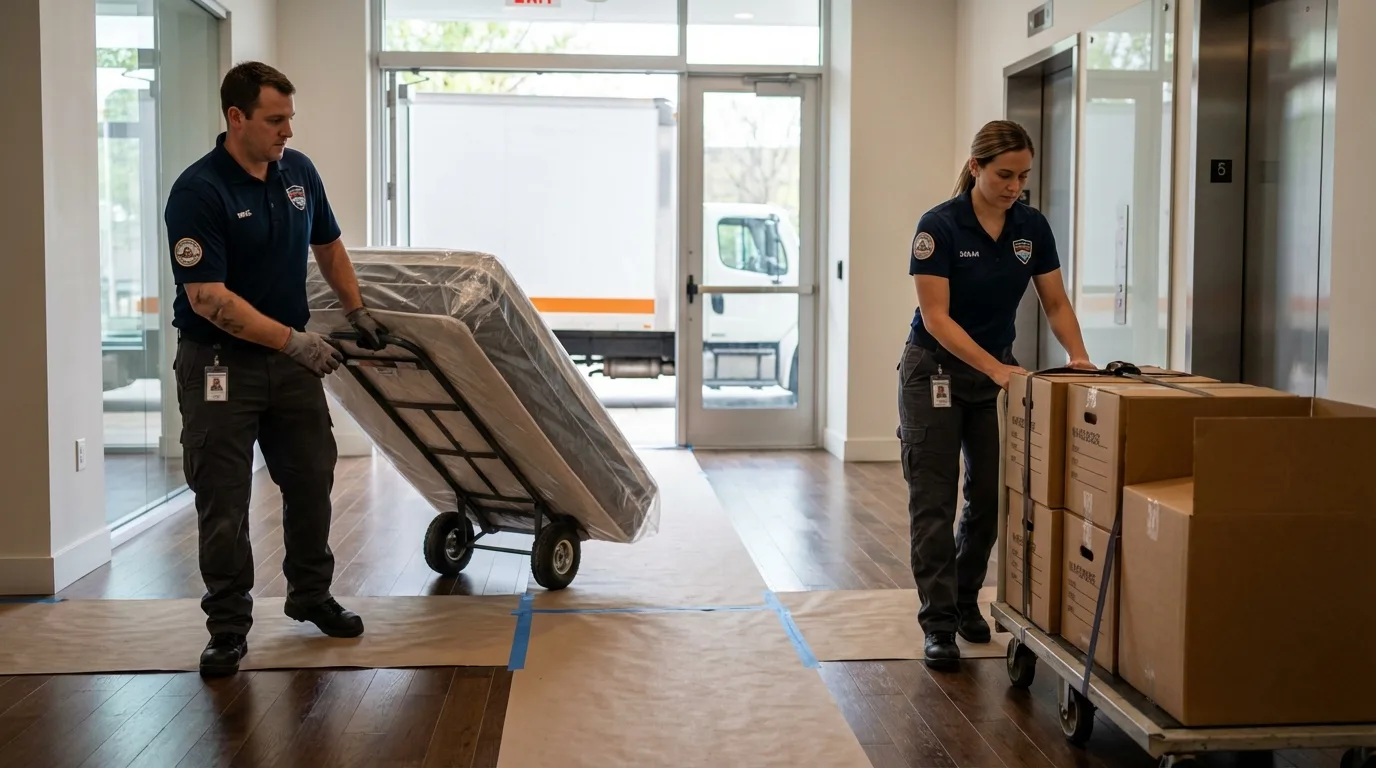 Professional apartment movers loading elevator in Barnesville, GA